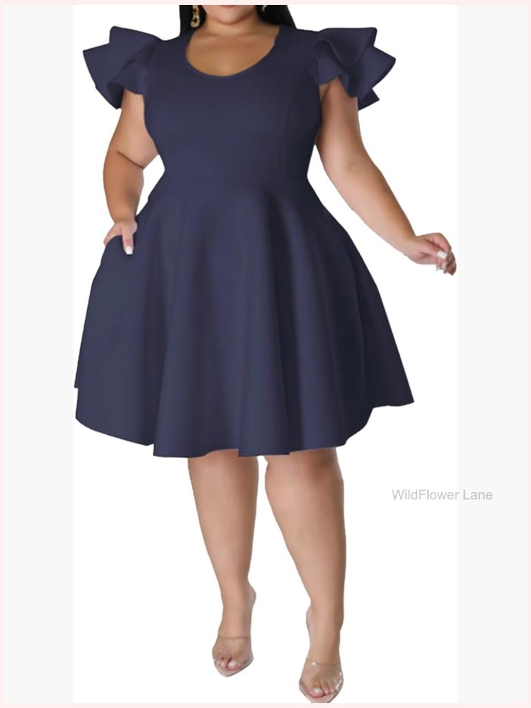 Plus Size Flutter Sleeve A-Line Swing Dress With Pockets